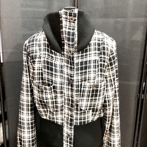 YOKI authentic brand Black & White Plaid Collared Bomber Jacket size L - Picture 4 of 12
